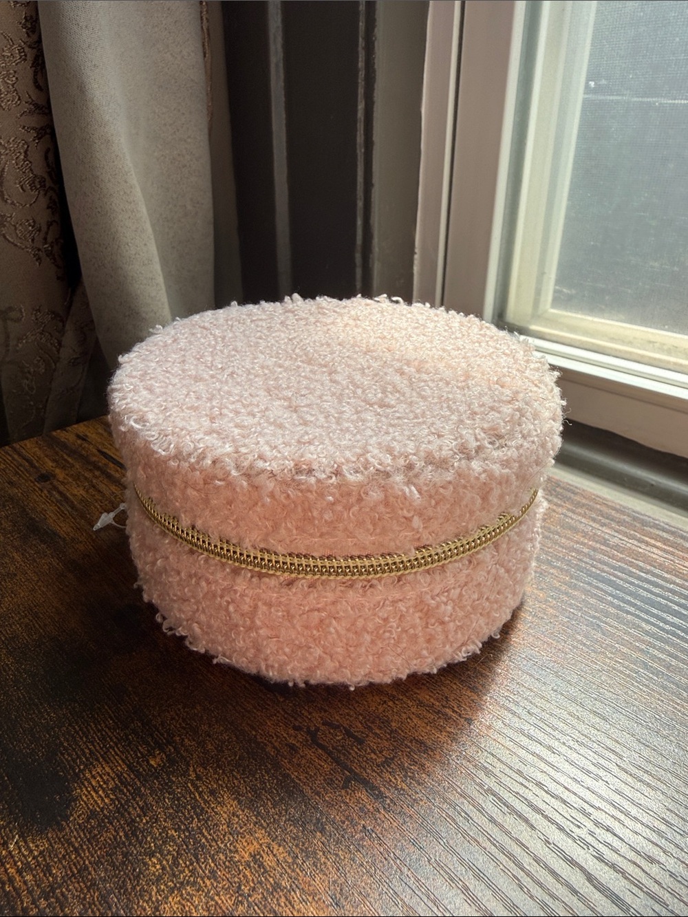 Round Pink Travel Jewelry Case with Gold Zipper